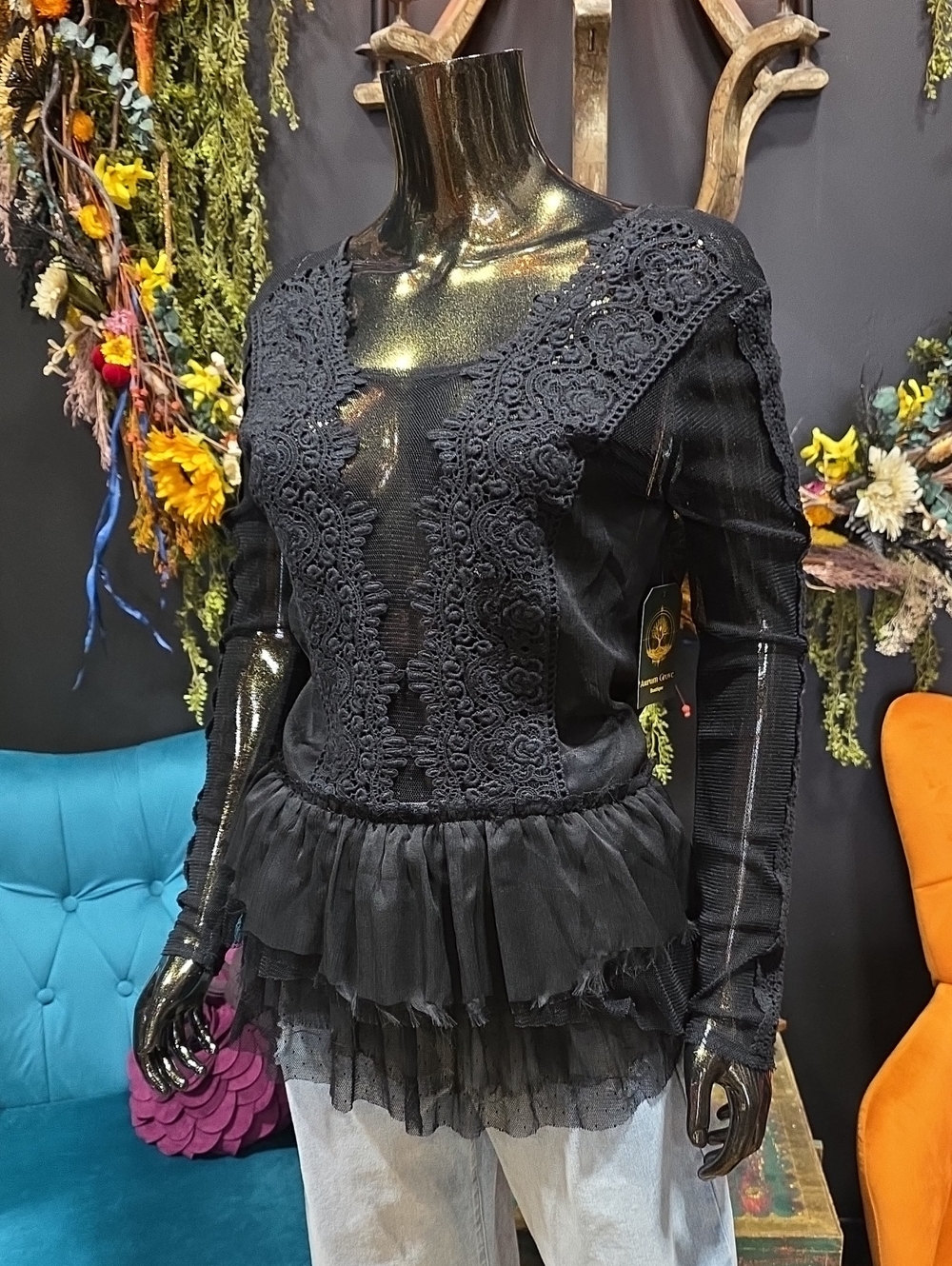 Free People Black Lace-Trim Ruffled Peplum Blouse w/ Open Back